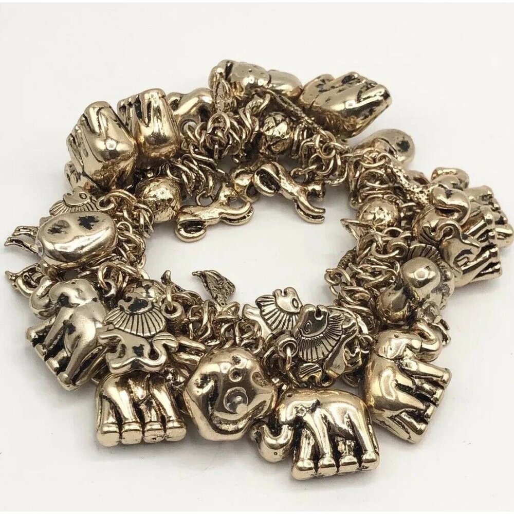 NEW Jungle Safari Elephant Lion Tiger Giraffe Gold Stretch Charm Bracelet